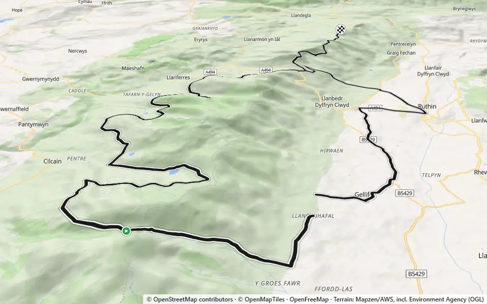 3D preview of a trail at Trails near Llanarmon yn Iâl