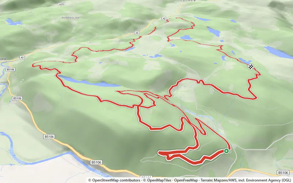 3D preview of a trail at Trails near Llanrhychwyn